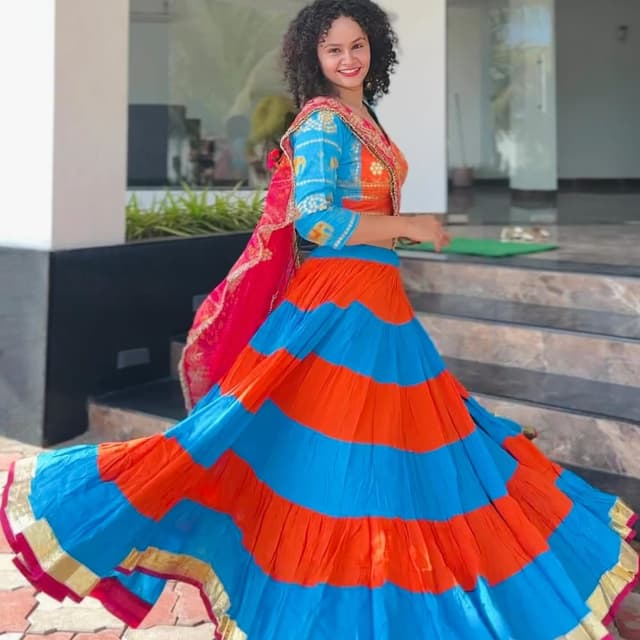 Orange and Blue striped, with Pink dupatta and Gold border Lehenga Choli
