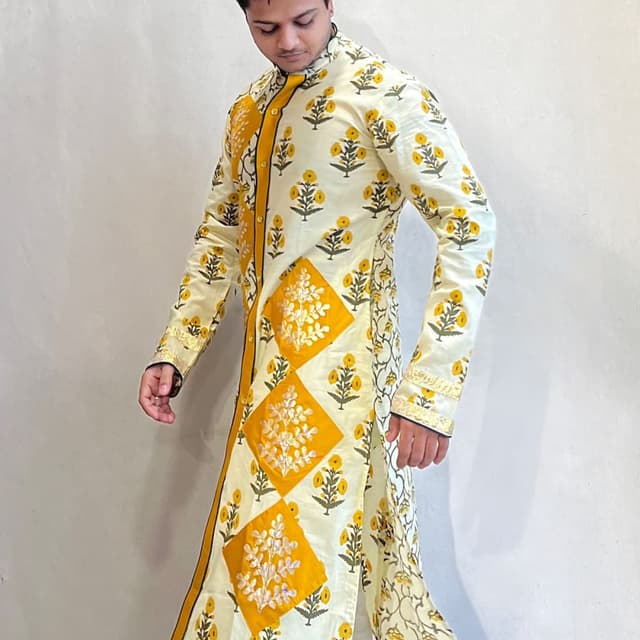 Cream, Yellow, Black, Gold Kurta