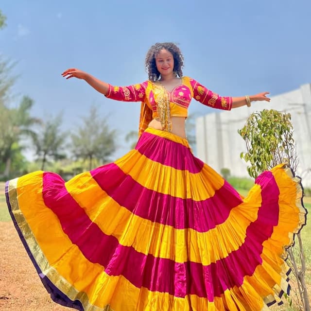 Yellow and Pink striped with gold accents Lehenga Choli