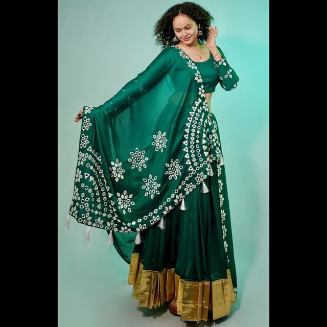 Deep Green with White and Gold Lehenga Choli