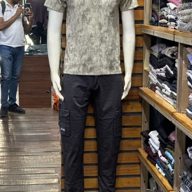 Beige and Grey tie-dye pattern on the t-shirt, Black on the pants T-shirt and Cargo Pants