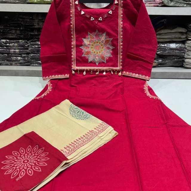 Red, Beige, Multicolor Kurti with Dupatta