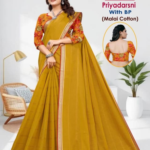 Mustard Yellow, Red, Orange, Gold Saree with Blouse