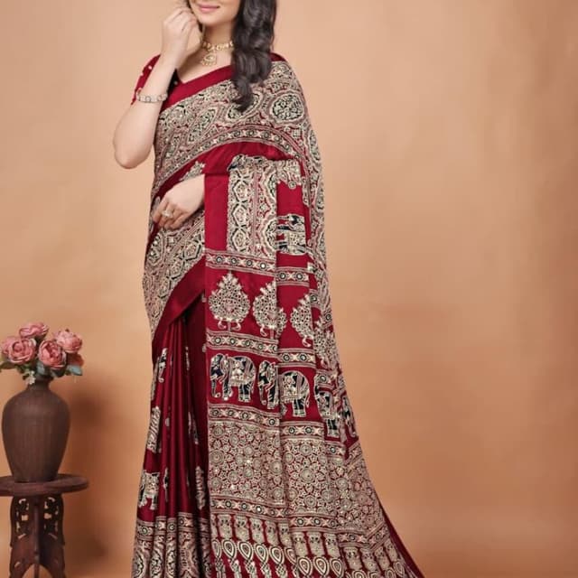 Maroon, Black, White, Gold Saree