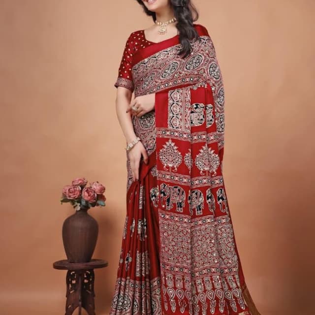 Maroon, Black, White, Gold Saree