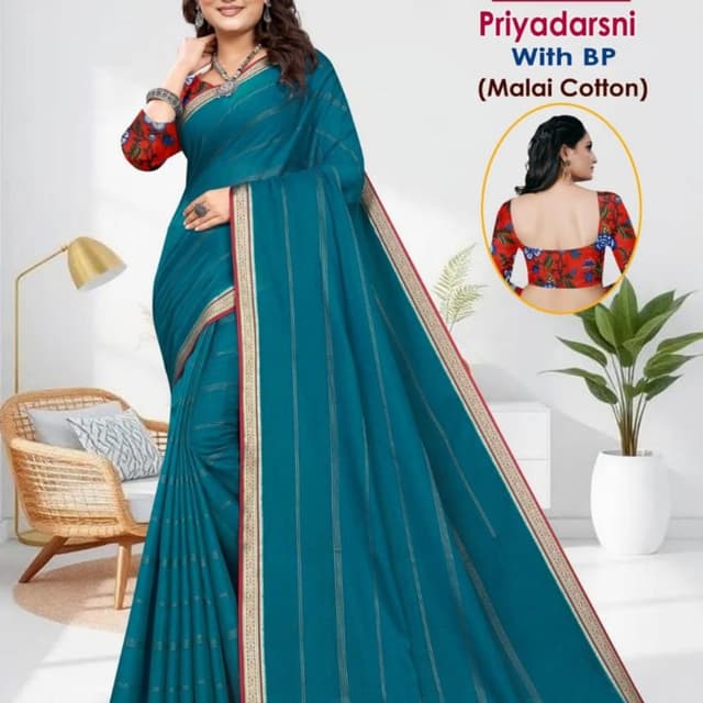 Teal with red and gold border, red floral blouse Saree with Blouse