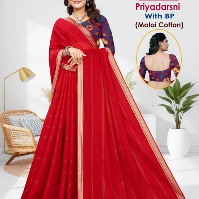 Red with gold border and multi-colored floral print blouse Saree with Blouse