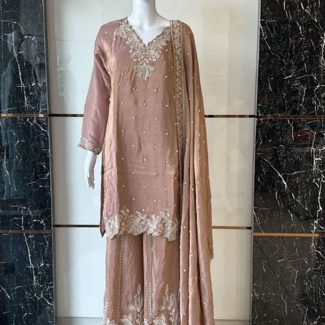 Dusty Rose, Beige, White Kurta set with Palazzo and Dupatta