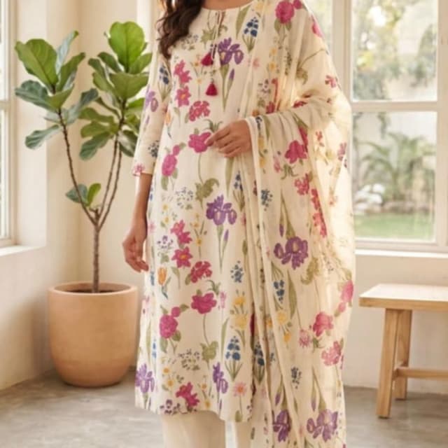 Cream base with multicolor floral print (pink, purple, blue, yellow, green) Kurta and Palazzo set with Dupatta
