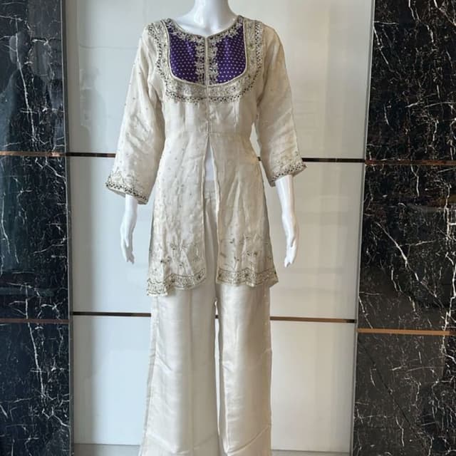 Off-white, Purple, Gold, Silver Salwar Kameez Set