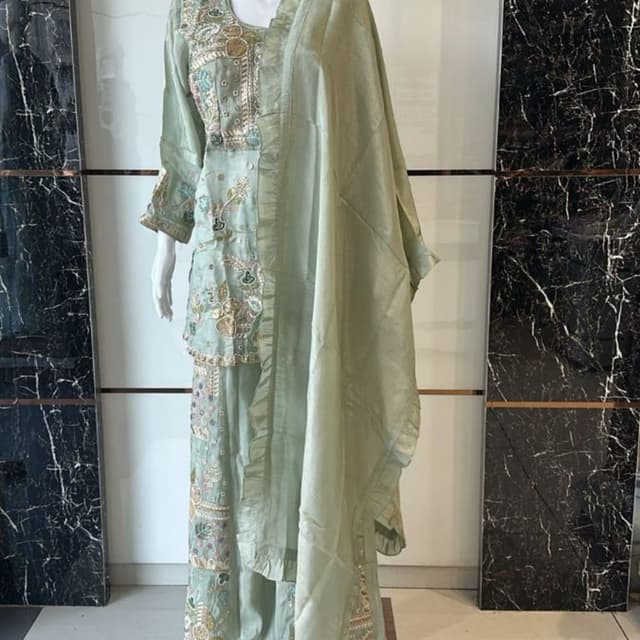 Sage green with gold and pastel embroidery Anarkali suit with palazzo pants and dupatta