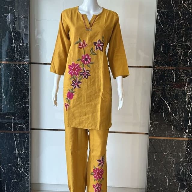 Mustard Yellow with Pink and Purple floral embroidery Kurta Set