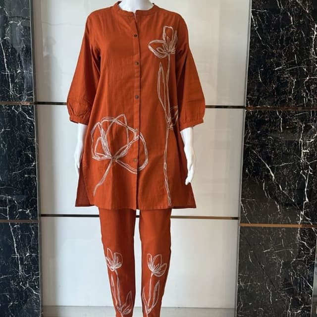 Burnt Orange with White Kurta and Pants Set