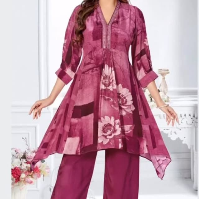 Deep Pink with floral and geometric print Kurti with Pants