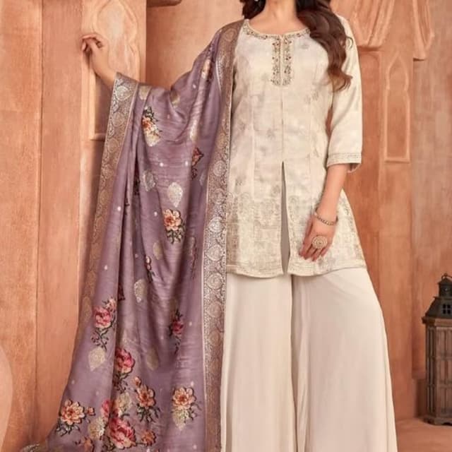 Cream and Lavender with floral print Kurti and Palazzo Set with Dupatta