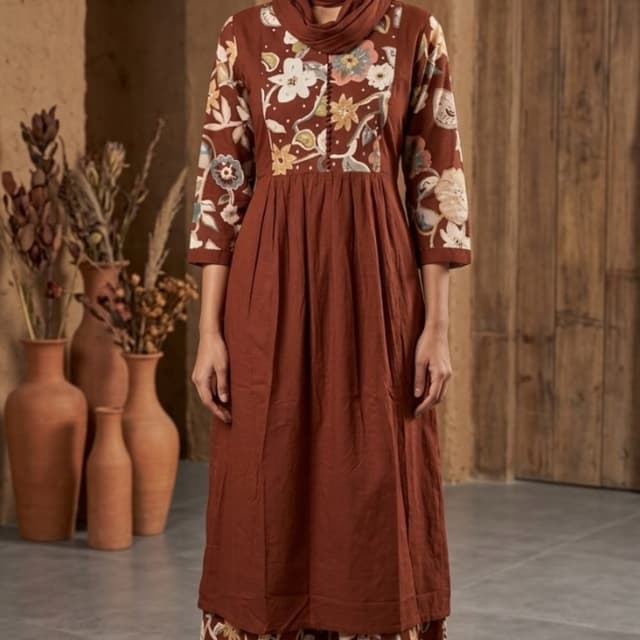 Brown, Cream, Beige, Yellow, Blue accents Kurta and Palazzo Set