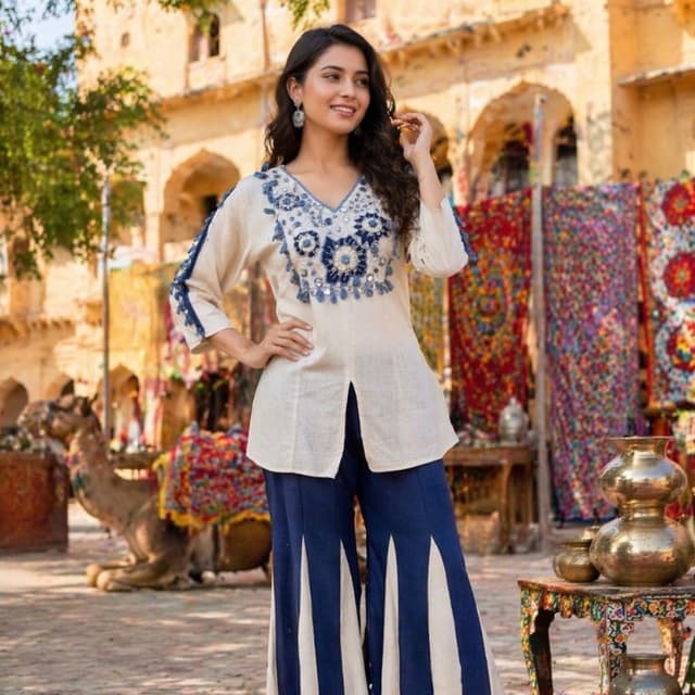 Cream, Blue, White Kurti and Palazzo Pants Set