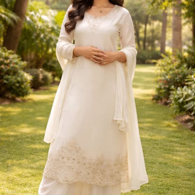 Off-white, Cream, Gold Kurta Set with Palazzo and Dupatta