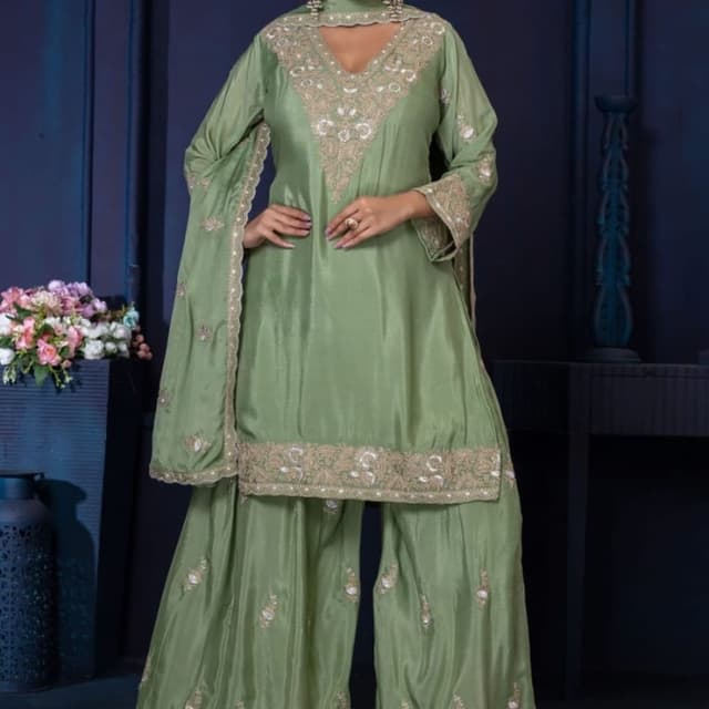 Sage Green with Gold and White Embroidery Sharara Suit