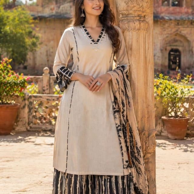 Beige, Black, Tan Kurta Set with Palazzo Pants and Dupatta