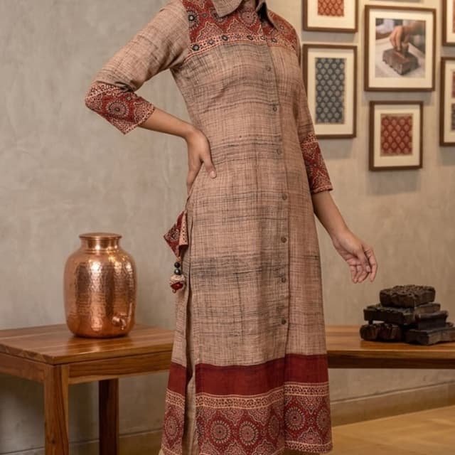 Beige and Maroon with subtle black and white accents Kurta and Palazzo Set