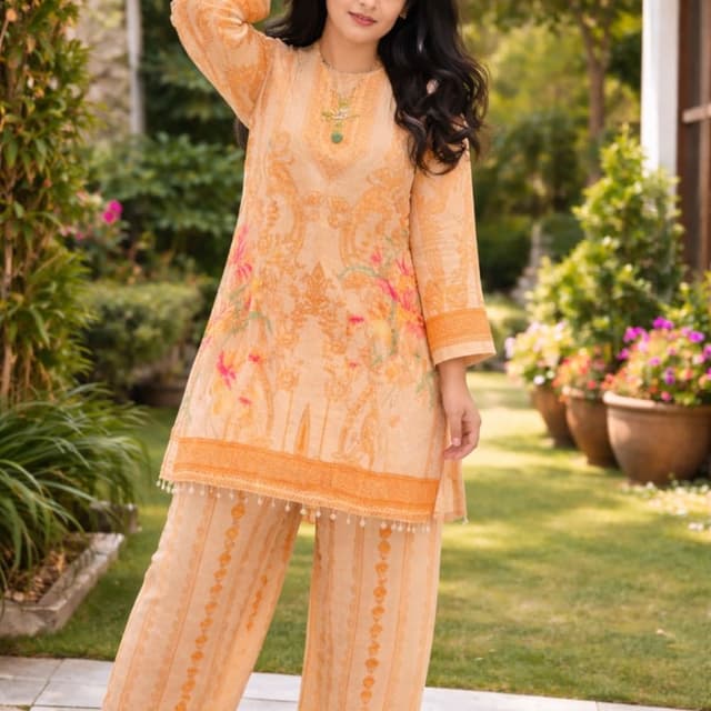 Peach, Orange, Pink, Green Kurta and Pants Set