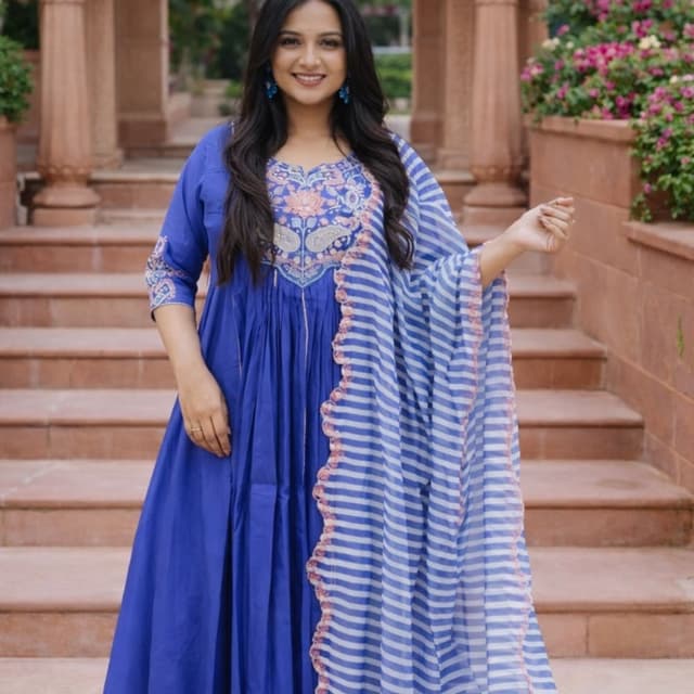 Royal Blue, White, Pink Anarkali Suit