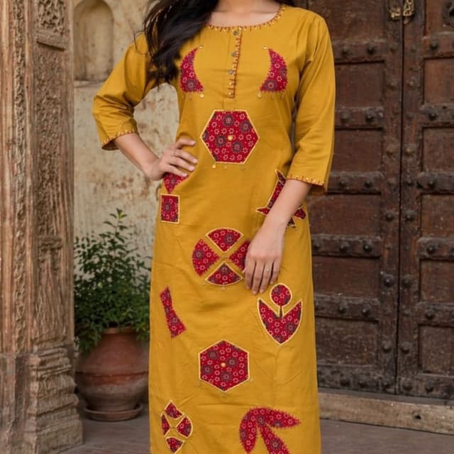 Mustard Yellow, Red, White Kurta and Pants Set