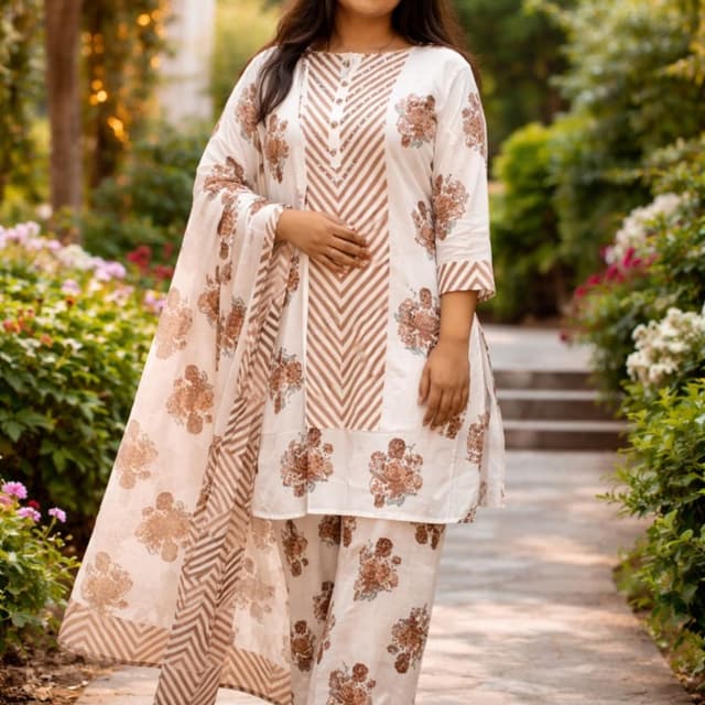 Cotton Off-white cord set with brown floral print and brown stripes Kurta Set (Kurta, Pants, Dupatta)
