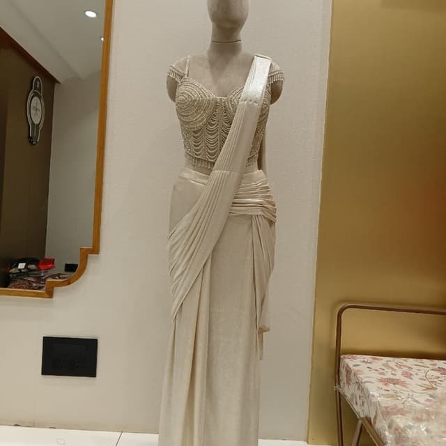 Cream, Beige, Gold accents Saree Gown