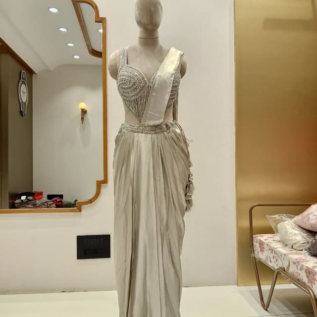 Silver, Beige Lehenga Saree