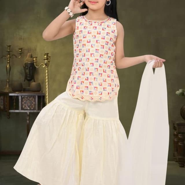 Cream, White, Pink, Blue, Orange, Yellow Sharara Set