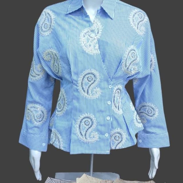 Blue and white striped with white paisley embellishments Shirt