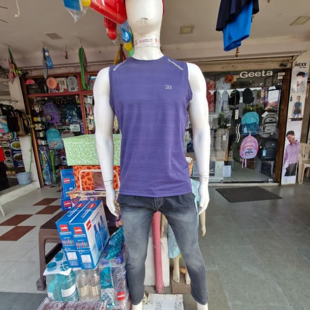 Purple, Grey Sleeveless T-shirt, Jeans