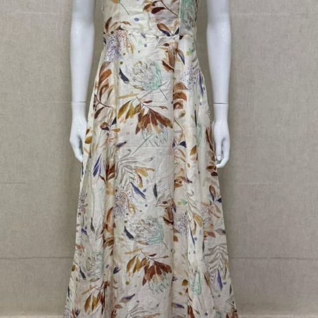 Cream with brown, blue, and green floral print Maxi Dress