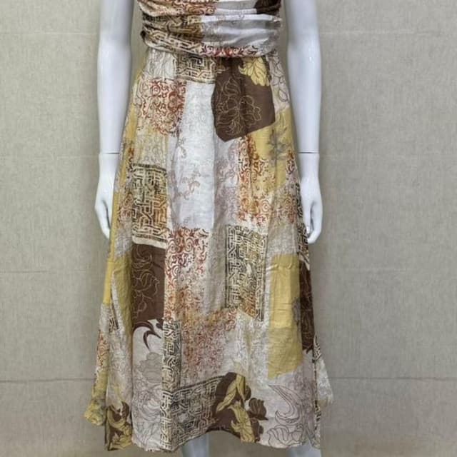 Brown, Beige, White, Yellow Spaghetti Dress