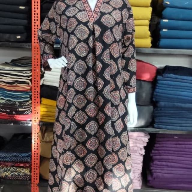Black with beige, maroon, and pink geometric print Kurta with pants