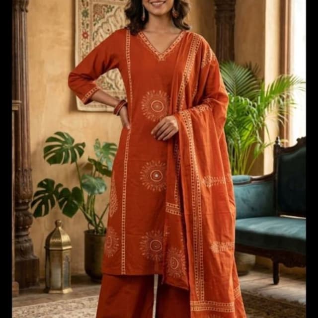 Terracotta Orange with Off-White Print Salwar Kameez Set