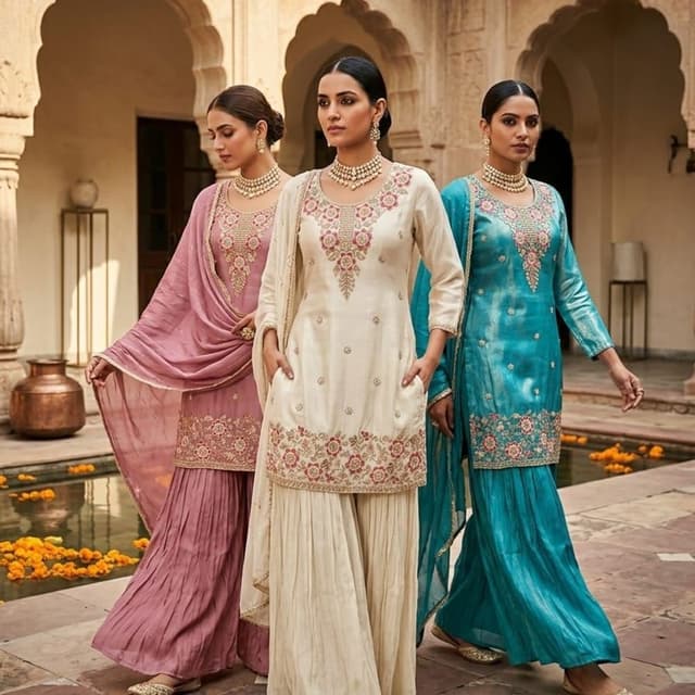 Cream, Rose Pink, Teal Blue, Gold Sharara Suit Set