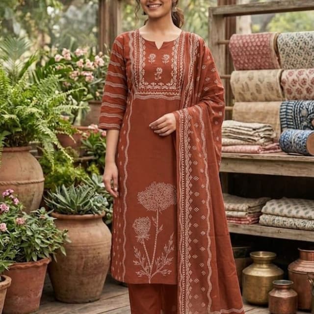 Terracotta orange with off-white print Kurta set with dupatta