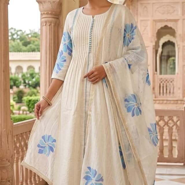 Cream, Blue, Gold Anarkali Suit Set