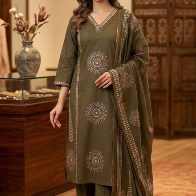 Olive Green with brown and white print Salwar Kameez Dupatta Set