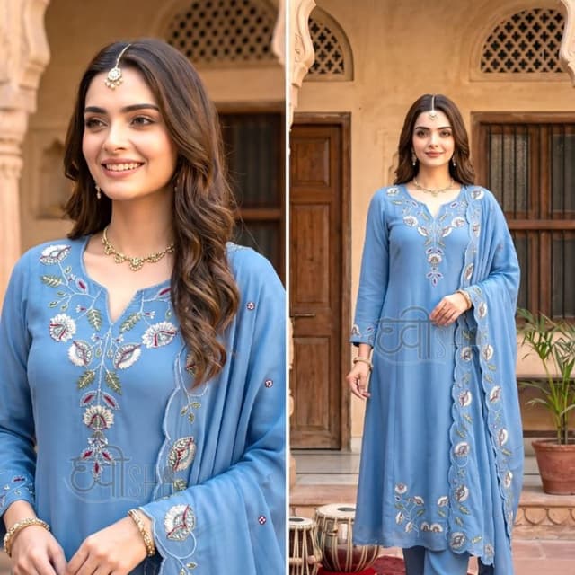 Sky Blue with White, Green, and Maroon embroidery Kurta Set (Kurta, Pants, Dupatta)