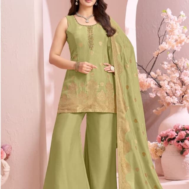 Light Green with Gold Salwar Kameez Set (Kurti, Palazzo Pants, Dupatta)