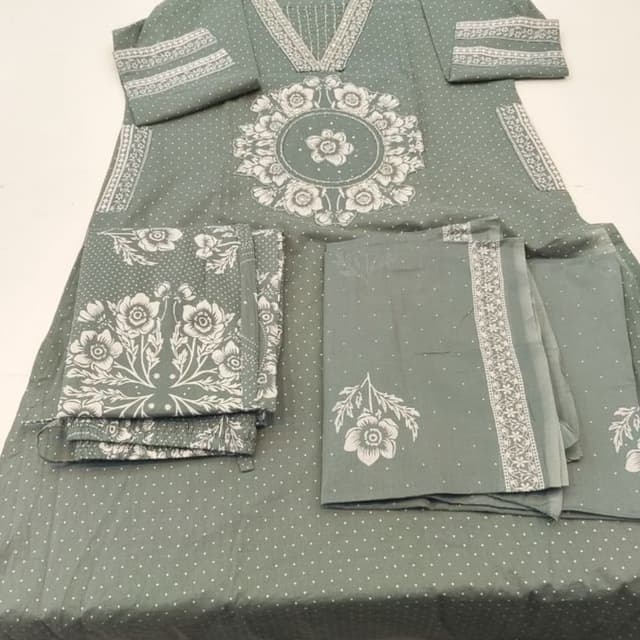 Sage Green with White print Kurta and Pants Set