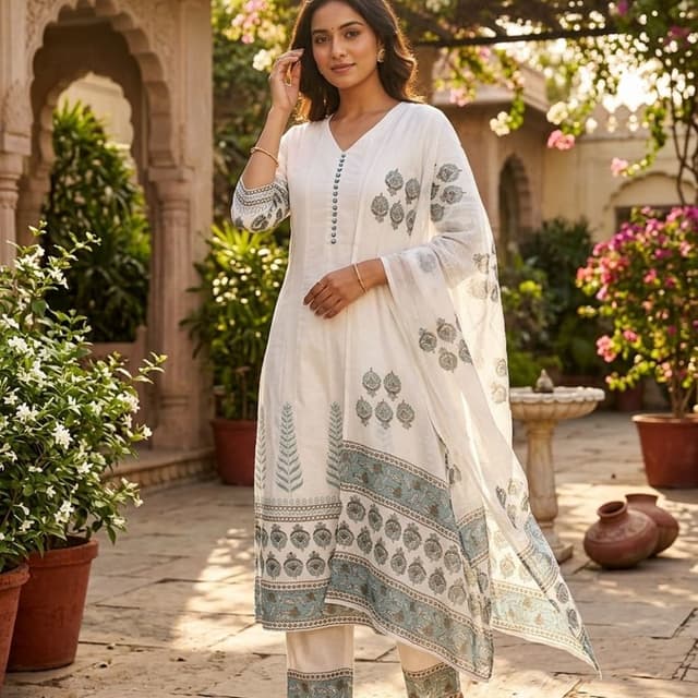 White with grey and subtle blue print Kurta Set