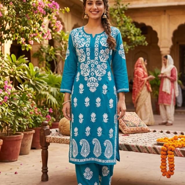 Teal blue with white embroidery Kurta Set