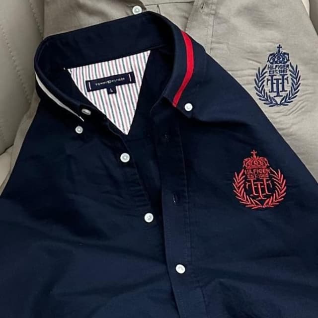 Navy blue, Tan, Red, White, Blue Button-down Shirt