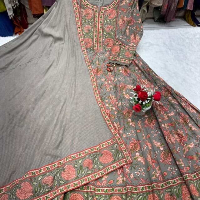 Grey with coral pink and green floral print Anarkali Kurta with Dupatta