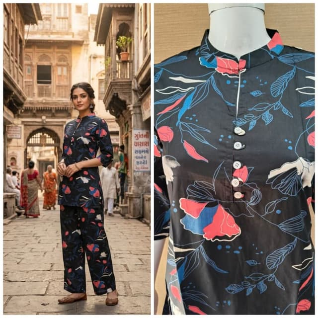 Black with floral print in shades of pink, blue, and white Co-ord Set (Top and Pants)
